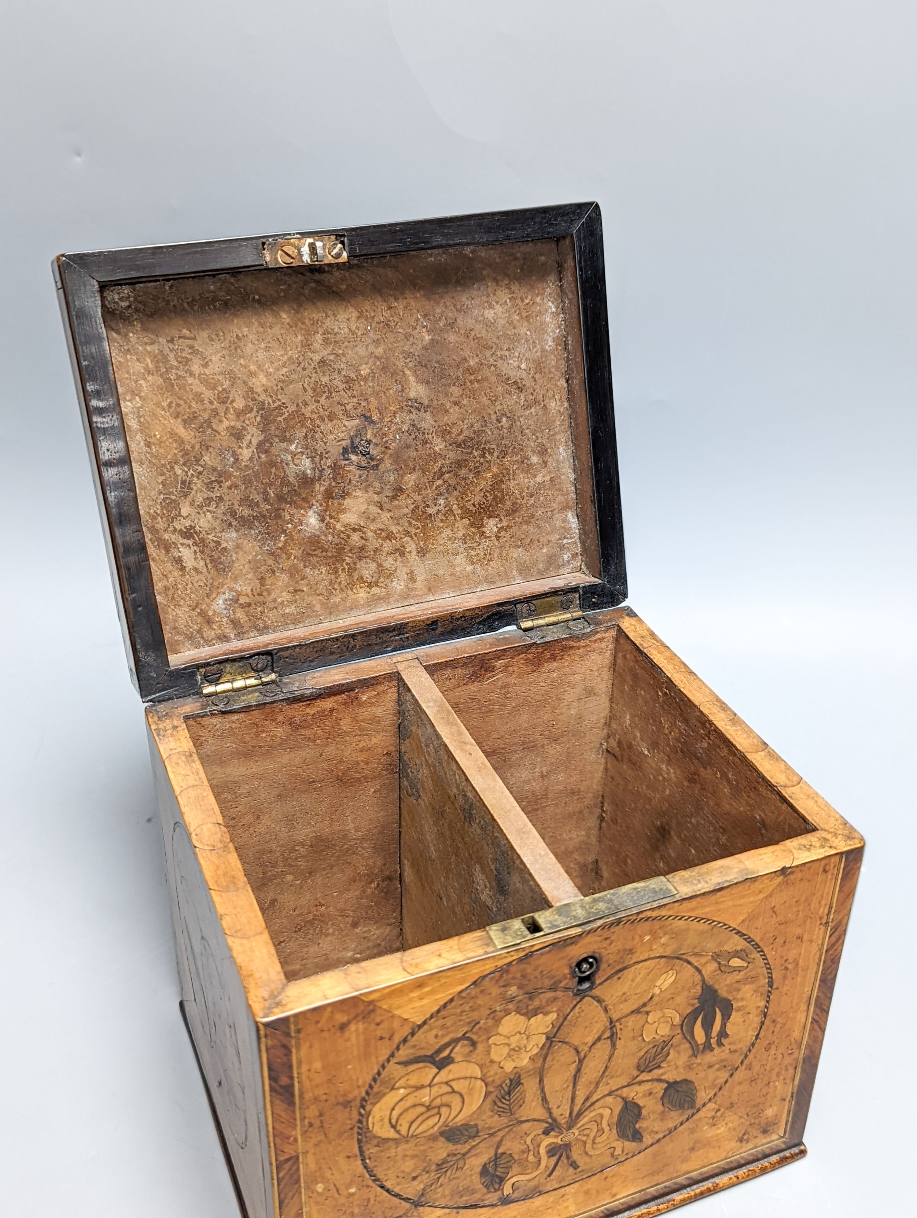 A George III sycamore and floral marquetry tea caddy, 17cm